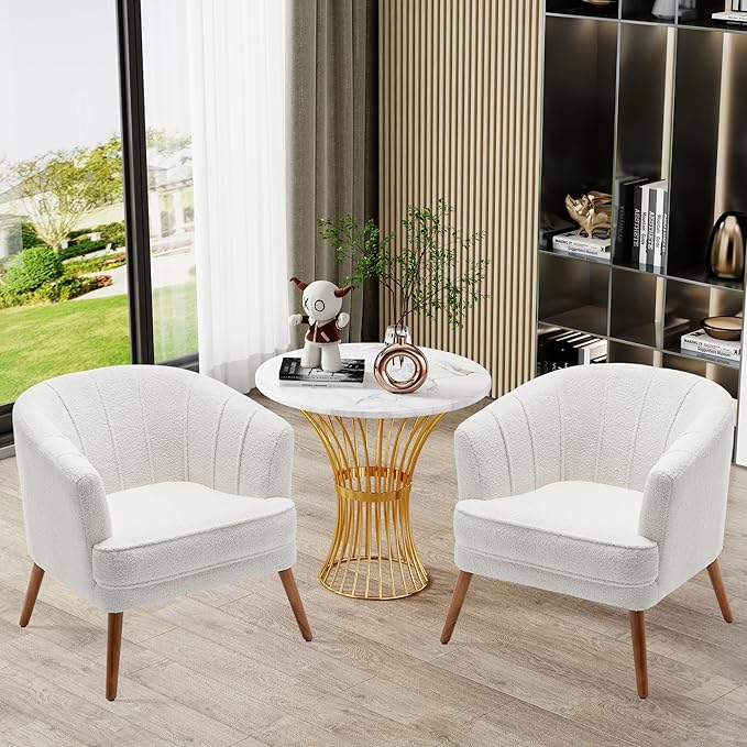 Accent Chairs for Living Room Bedroom Office Upholstered Sherpa Single Sofa Chair Arm Chair Comfy Chair Reading Club Coffee Chair with Metal Legs White