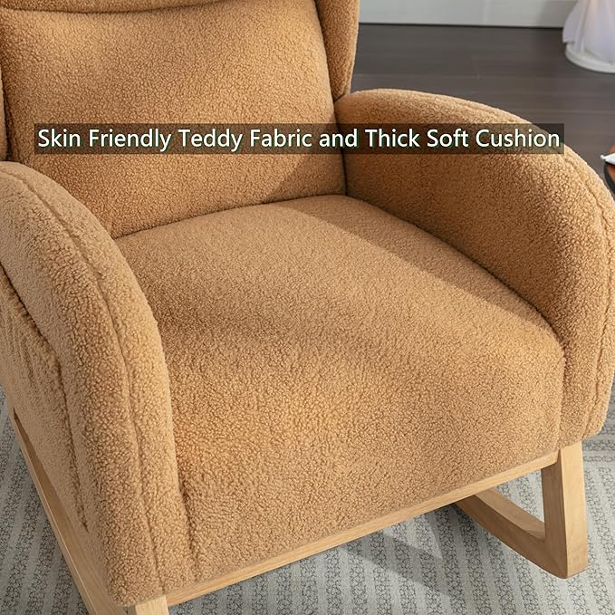 Setawix Teddy Rocking Glider Chair for NurseryUpholstered Living Room Rocker Arm ChairLeisure Sherpa Wingback ArmchairMid Century Modern Rocking Accent Chair with Side Pockets (Wingback Khaki)