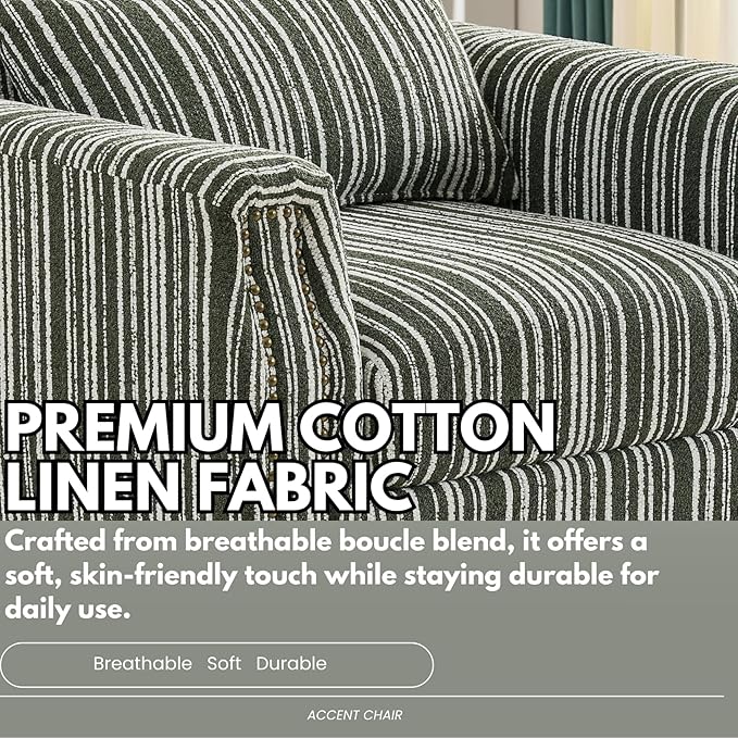 Stripes Accent Chair Modern Upholstered Boucle Fabric Armchair Single Sofa with Wood Legs for Living Room Patio Green Stripes.