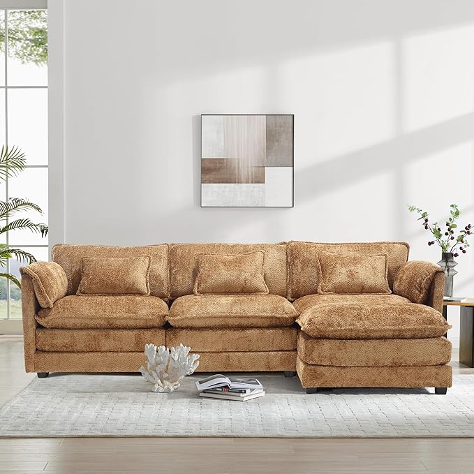 L Shaped Sectional Sofa Cloud Couch for Living Room 112 Chenille Comfy Boucle Modular Sleeper Sofa Modern Upholstery Sofas with Ottoman &amp Memory Foam Brown