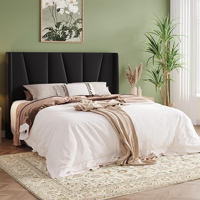 Allewie Queen Size Platform Velvet Bed Frame with Geometric Wingback Headboard Boho Upholstered Bed with Wooden Slats Support No Box Spring Needed Easy Assembly Black