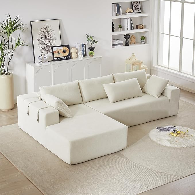 Yoglad Modern L-Shape Modular Upholstered Sofa with Versatile Configuration Comfortable Deep Seat and 6 Pillows for Living Room or Office (Face The Left Chenille Lvory Sofa)
