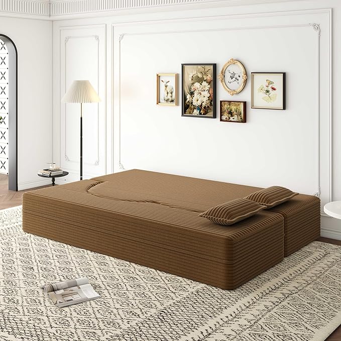 78 inch Memory Foam Couch Sofa Bed Convertible Folding Velvet Chenille Lazy Lounge Floor Full Size Sofabed Sleeper Couch for Small Living Room Apartment No Assembly (Camel Corduroy)