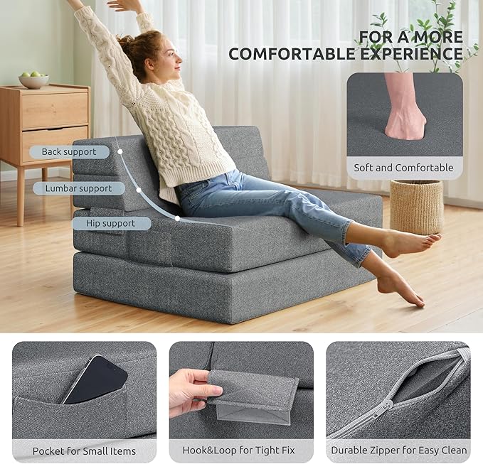 Youzi Foldable Sofa Bed Twin Sleeper Sofa Bed Couch for Guests 6 Inches Four-fold Foam Folding Chair for Home and Livingroom Washable Cover Dark Gray 75 x 39 x 6
