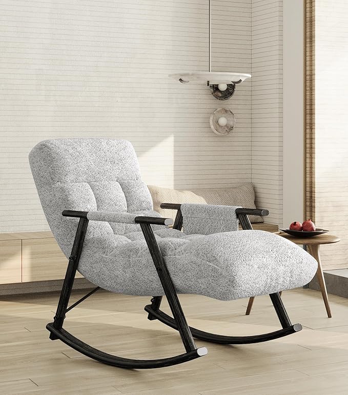 5-in-1 Folding Rocking Lounge Chair Indoor with 5 Angles Adjustable High Back+ Foot Rest Heavy Duty Casual Tufted Upholstered Glider Recling Chair for Living Room Bedroom Balcony (Teddy Gray)