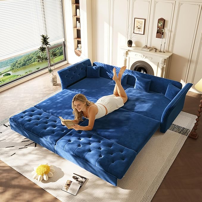 extrasleep 100'' Velvet Pull Out Sofa Bed Oversized King Sleeper Sofa with Handcrafted Floral Tufted Design 3-in-1 Convertible Sleeper Couch Tufted Deep Seat Couch for Living Room Apartment Blue