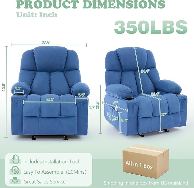 Manual Recliner Chair Rocker Recliner with Vibration Massage &amp Heat Ergonomic Reclining Fabric Living Room Chairs for Bedroom Nursery Single Sofa with 4 Pockets 2 Cup Holders Blue
