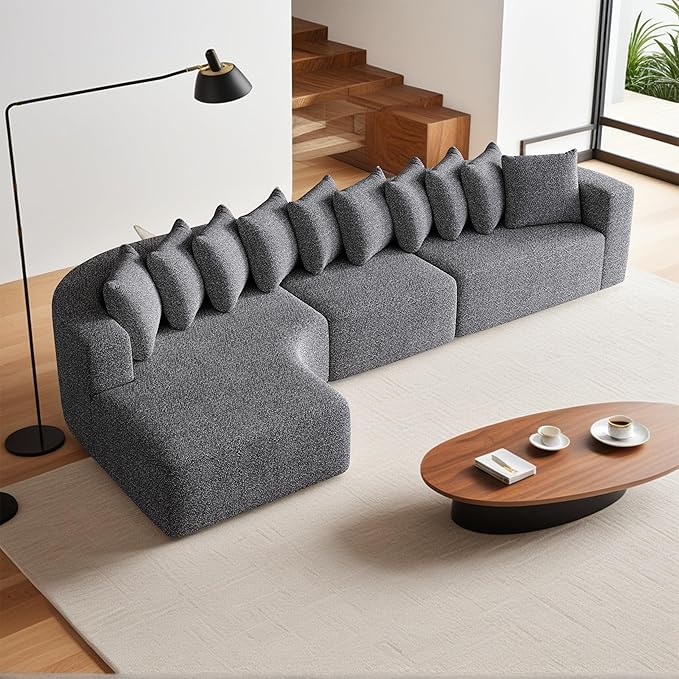 131 Boneless Chenille Sectional L-Shaped Sofa Modern Cloud-Shaped Curved 3-Seater Sofa Includes 10 Pillows Living Room Fabric Corner Couch (Grey 131” Left Chaise)