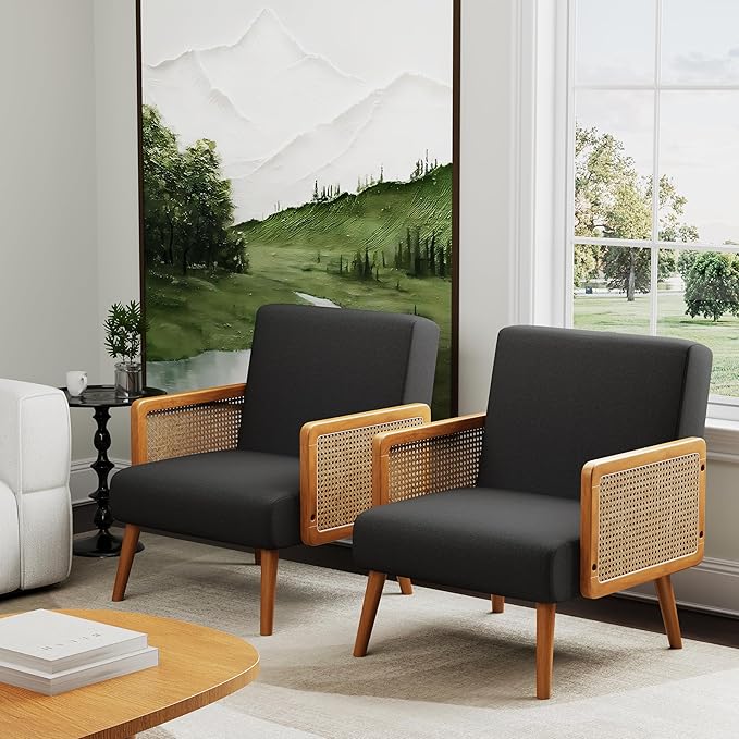 Yongqiang Black Linen Accent Chairs Set of 2 Natural Rattan Upholstered Arm Chairs for Bedroom Living Room Side Chairs Comfy Reading Chair