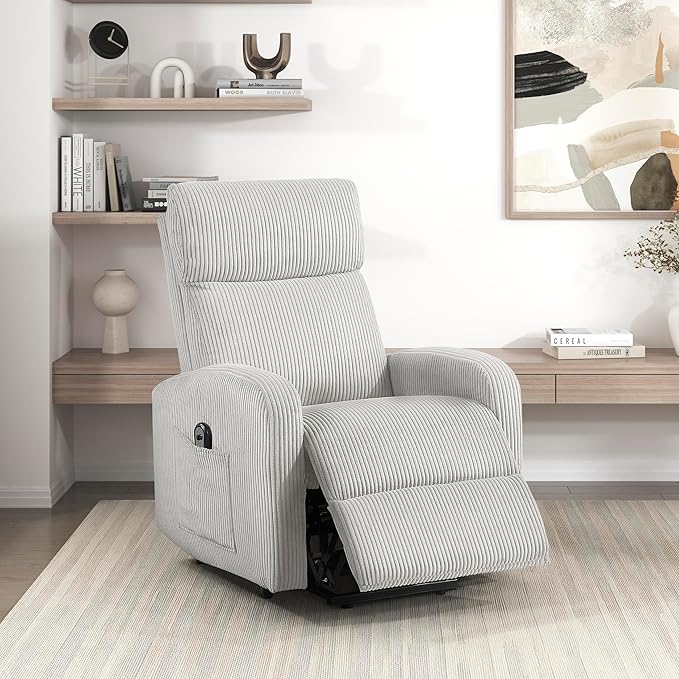 Lexicon Power Lift Recliner Chair for Elderly with Remote Control Gentle Lift Motion Side Pocket Armrest Corduroy Upholstered Electric Recliner for Living Room/Bedroom Easy Assembly Light Gray