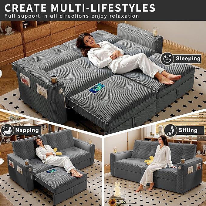 Queen Sofa BedConvertible Loveseat Sleeper SofasCouch with Pull Out BedPullout Couch Bed for Small SpaceQueen Sleeper Sofa Couches for Living RoomApartment &amp Guest Room Grey | USB Port Cup H