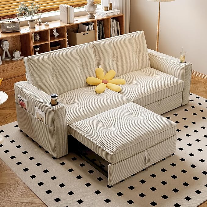 74'' Convertible Sofa Bed 2-in-1 Velvet Sleeper Sofa for Small Spaces Modern Loveseat &amp Guest Bed Apartment &amp Dorm Furniture Beige
