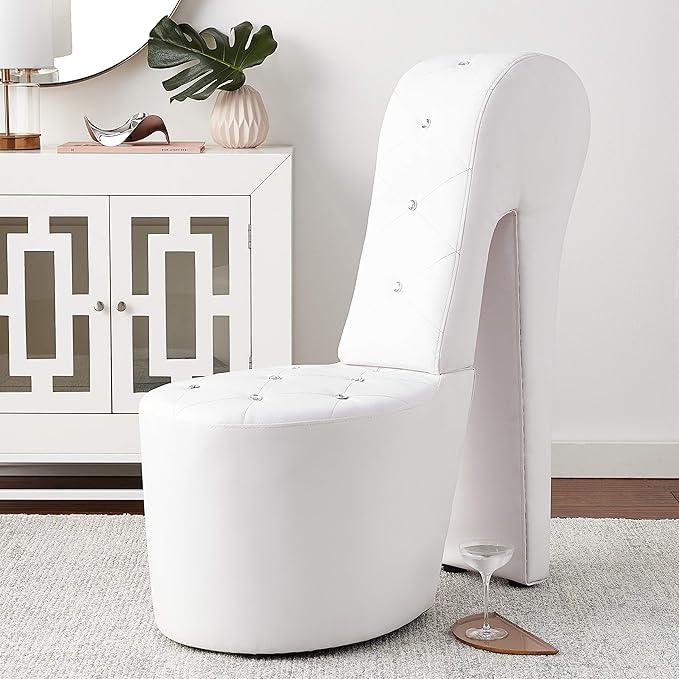 Tristam 40 Modern Glam High Heel Lounge Chair Armless Chair with Upholstered Crystal-Like Buttons and Diamond Stitching Comfortable Indoor Seating for Bedroom Living Room (White (Faux Leather))