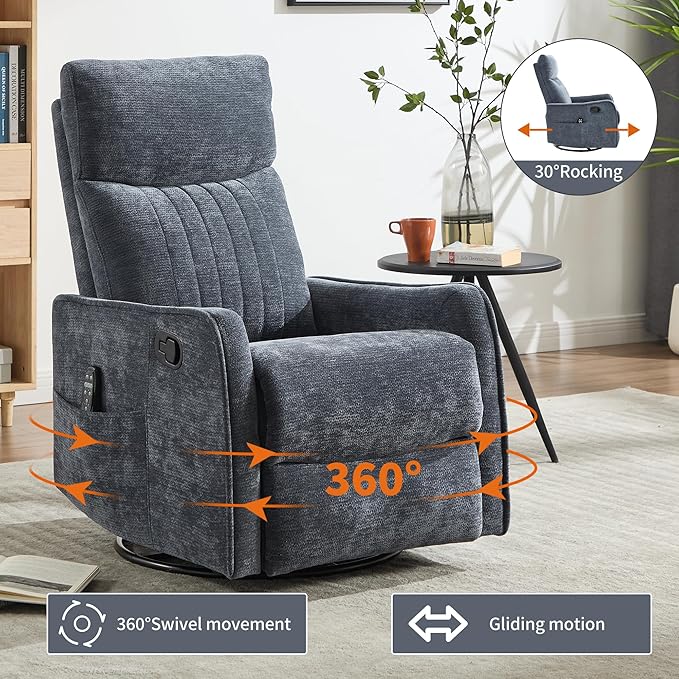 Manual Recliner Chair with Rocker and Swivel for Living Room and Bedroom Comfy Reclining Chairs for Adults Lazy Boy Style Recliners for Small SpacesBlue