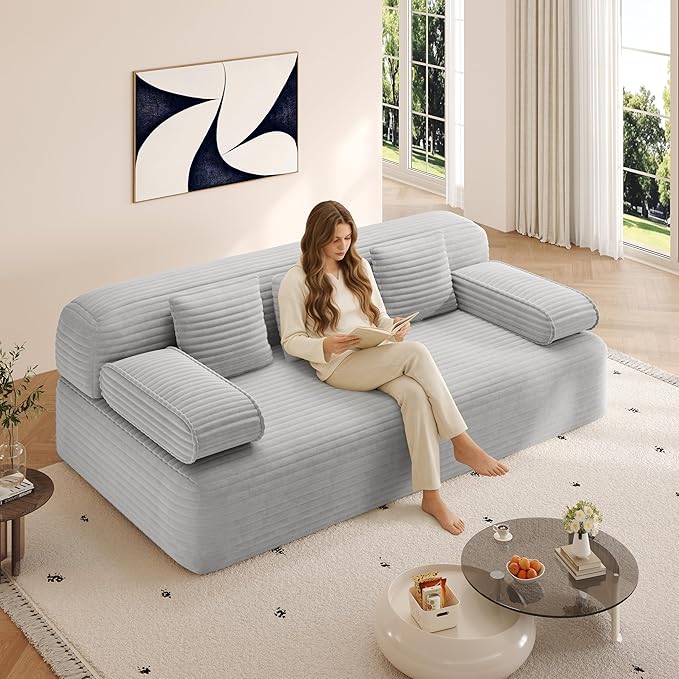 78.7 Queen Convertible Sofa Bed 2-in-1 Corduroy Folding Floor Couch with 3 Pillows Sleeper Sofa for Living Room and Bedroom No Assembly Required (Light Grey)