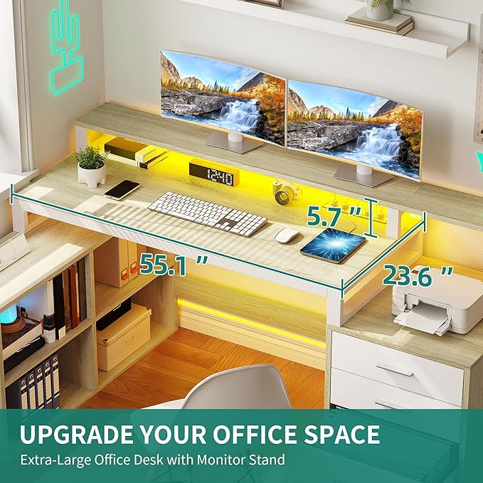 YITAHOME L Shaped Desk with 3 Drawers 65 Corner Computer Desk with Power Outlets &amp LED Lights L-Shaped Desk with File Cabinet &amp Printer Stand for Home Office White &amp Oak