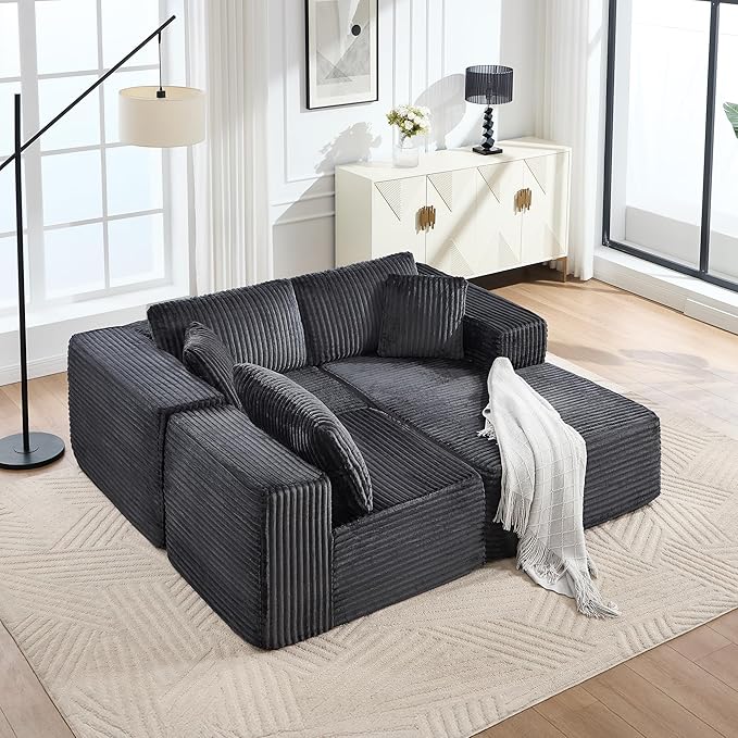 L-Shaped Boneless Modular Sectional Sofa 107 Modern Corduroy Upholstery Couch with Chaise for Living Room 3-Seater Cloud Couches with Deep Seat No Assembly Right Facing Chaise Dark Grey