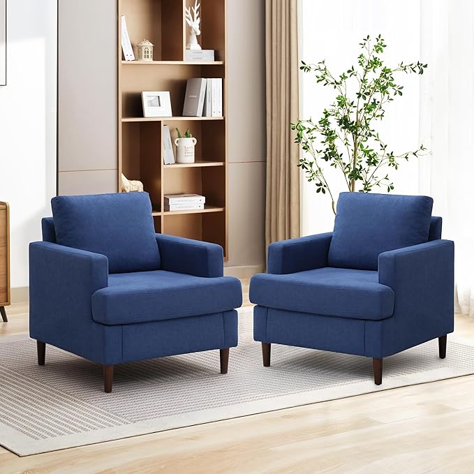 Mid-Century Accent ChairModern Linen Fabric Armchair for Living RoomComfy Upholstered Reading Accent Chairs for BedroomSingle Sofa Chair with Wood Legs (Blue 2 Pack)