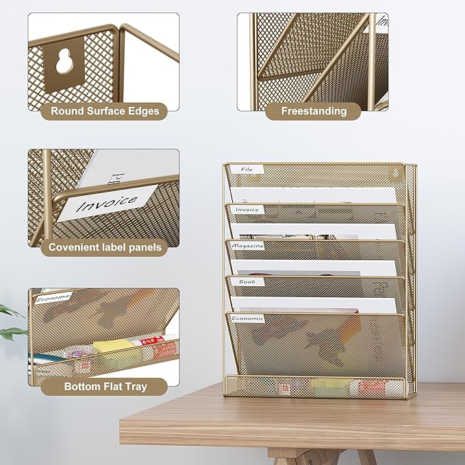 EasyPAG 5 Tier Wall File Holder Mesh Hanging Folder Organizer with Classify Label Versatile Desk File Holder Vertical Wall Mounted Mail Organizer for Office Home Cubicle Gold