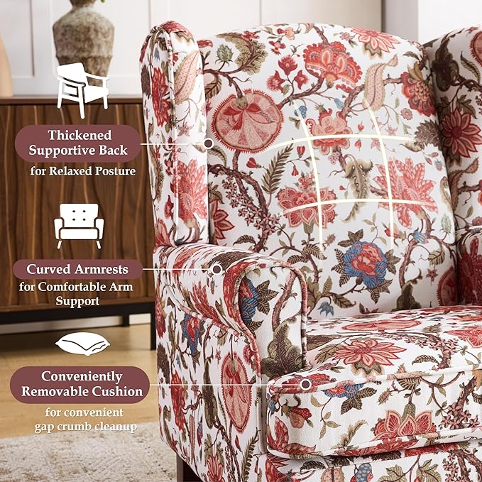 EROMMY Floral Accent Chair Comfortable High Back Upholstered Armchair with Solid Wood Legs Leisure Single Sofa Chair for Living Room Bedroom Home Office Red Floral