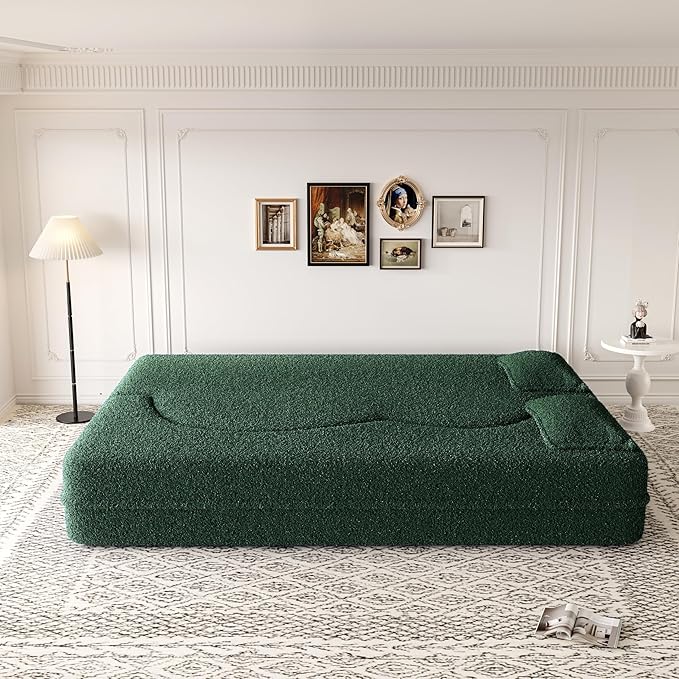 Modern 2-in-1 Convertible Sleeper Sofa Bed Compressed Foam Sofa Curved Loveseat Sofa Bubble Couch Comfy Teddy Sofa Multi-Functional Cloud Couch with Pillows for Living Room Bedroom (Green)