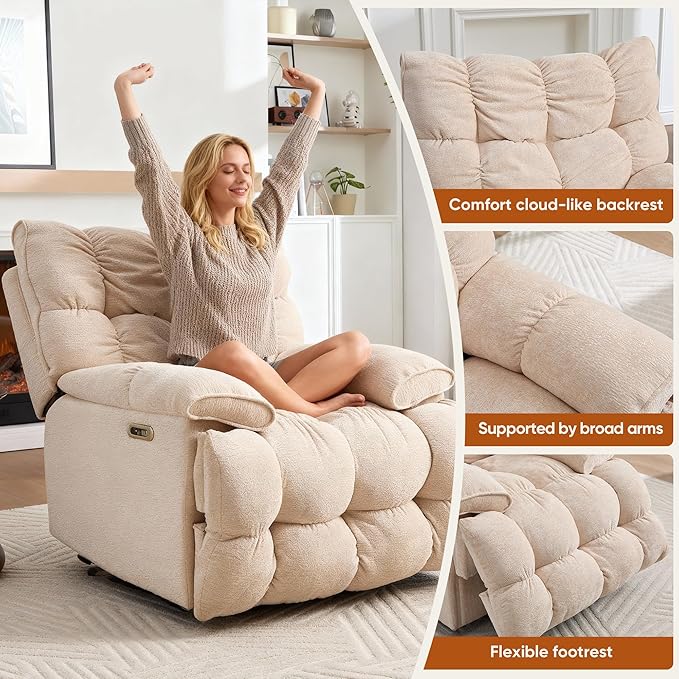 Oversized Swivel Power Rocker ReclinerElectric Recliner Chairs for AdultsExtra Wide Seat ReclinersUpholstered Nursery Reclining Glider ChairSwivel Chairs for Living RoomBeige
