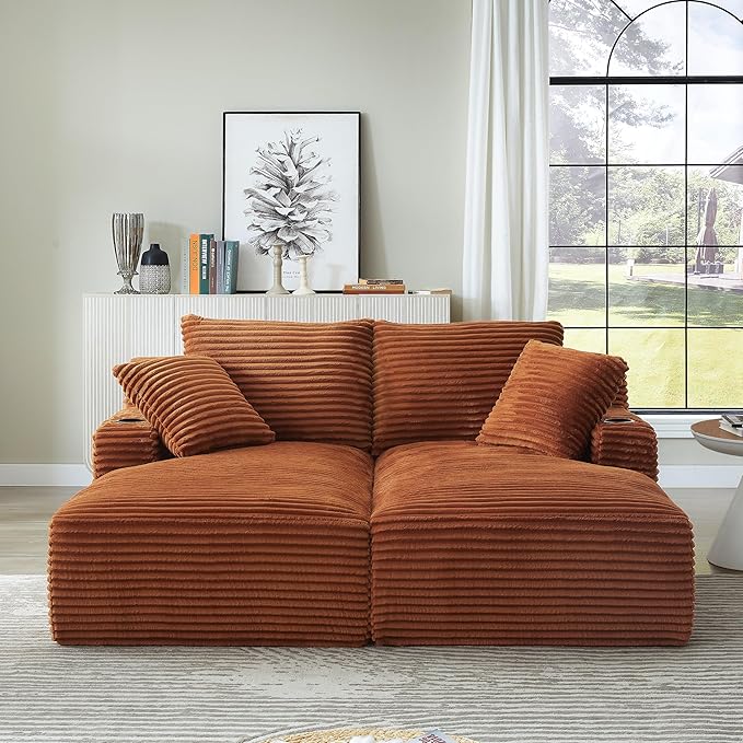 Double Chaise Lounge Sofa Boneless Cloud Couch Bed with Cup Holders and Side Pockets Comfy Deep Seat Sleeper Sectional Loveseat Chair for Living Room (Orange 2 Seat)