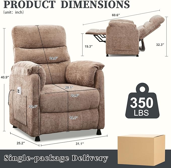 Holaki Power Recliner Chair Chenille Living Room Chairs Reading Lounge Chair Home Theater Seating with Adjustable Backrest and Footrest for Small Spaces Nursery(Brown)