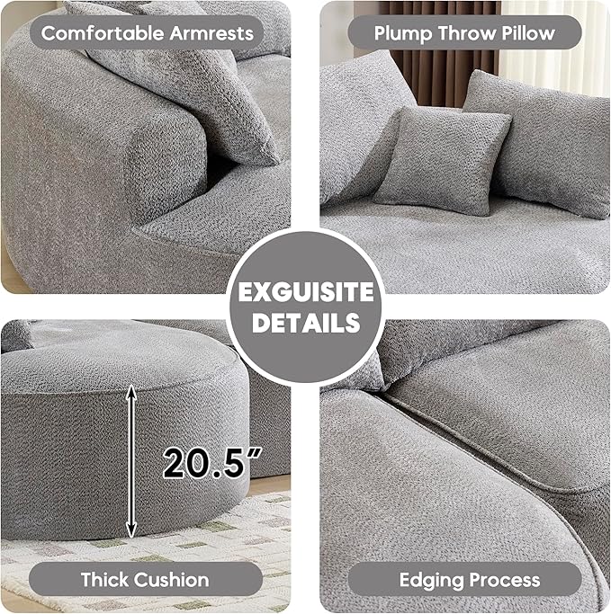 124.5 Oversized Curved Boneless Couches for Living Room Chenille Sectional Sofa with 7 Pillows L-Shape Boneless Couch with Deep Seat High-Density Memory Foam No Assembly Required (Grey)