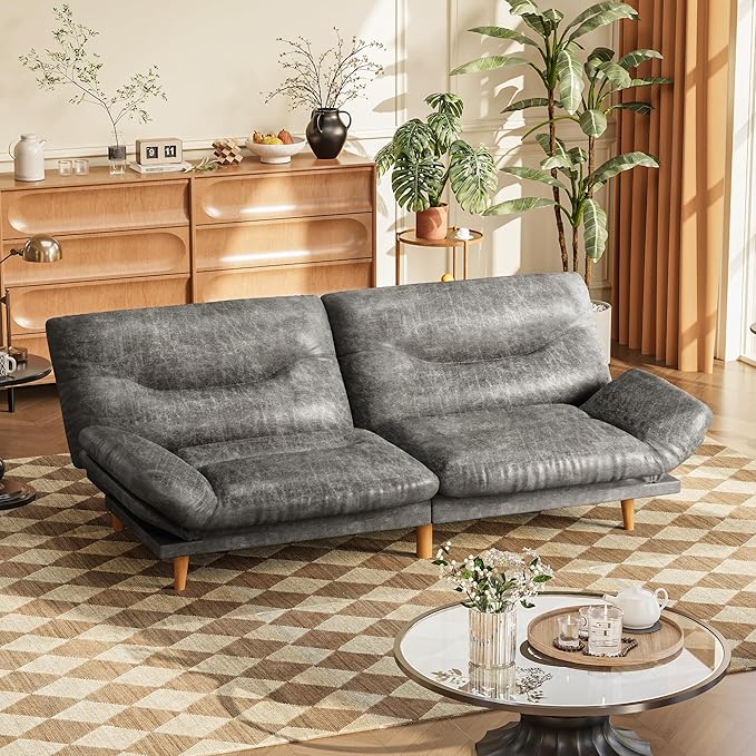 JUMMICO Convertible Futon Sofa Bed Sleeper Futon Couch with Adjustable Backrest and Armrests Modern Loveseat with Sturdy Wood Frame for Small Spaces Apartments (Leathaire Gray)