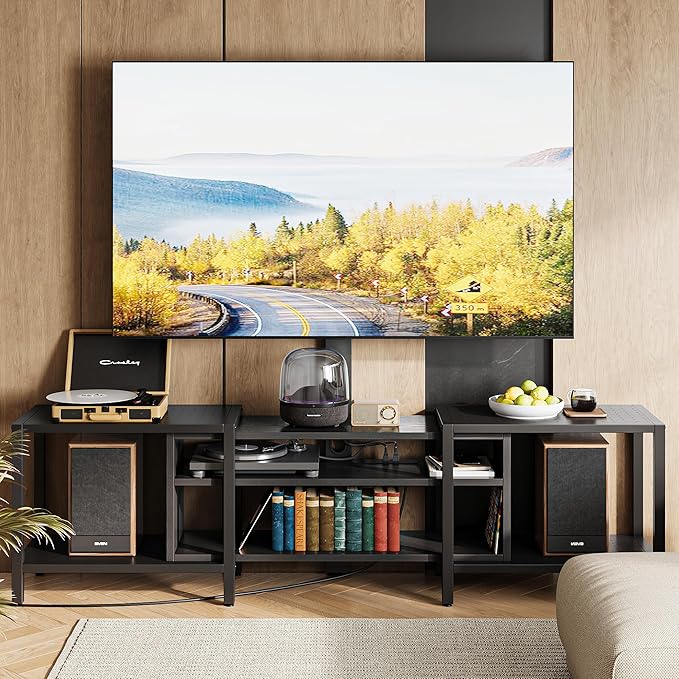 IRONCK 79 Inch TV Stand for TVs up to 85 Inch with Mount and Power Outlet 3 Tiers TV Console with Storage Shelves Entertainment Center Steel Frame for Living Room Bedroom Black
