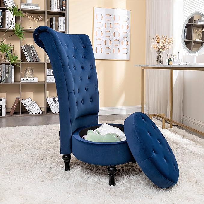 Royal High-Back Velvet Accent Chair for Vanity with Storage and Luxurious Upholstery Retro Design and Versatile Usage for Living Room Bedroom Lounge and Office Dark Blue