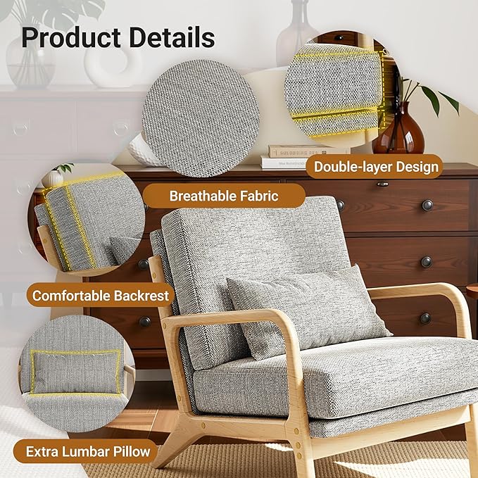 Claiks Mid-Century Modern Accent Chair Living Room Armchair with Solid Wood Frame &amp Lumbar Pillow Comfy Upholstered Lounge Chair for Bedroom Office Linen-Like Fabric Dark Gray