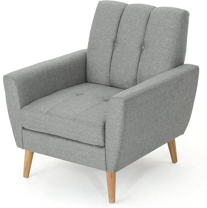 Christopher Knight Home Azjzi Mid-Century Club Chair Button Tufted Back Upholstered Fabric Accent Chair with Rubberwood Legs Living Room Armchair 33.5 High Gray