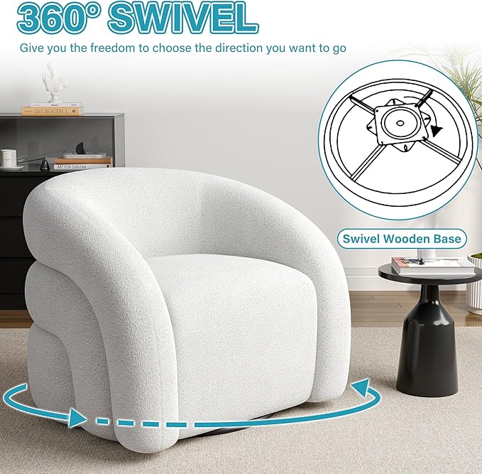 UIXE Swivel Barrel Accent Chair Boucle Upholstered Arm Chair for Living Room Modern Round Armchair Comfy Reading Sofa Seat with Solid Metal Base Fully Assembled - White