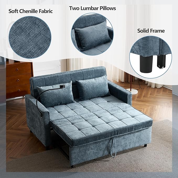 Merax Pull-Out Sleeper Sofa Bed with Reversible Backrest and Two Throw Pillows 3 in 1 Foton Couch with USB Ports &amp Phone Holder Chenille Loveseat for Living Room Blue