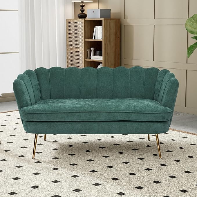 Mlmh &amp Kngwa 59 Small Chenille Loveseat Sofa 2 Seater Couch Settee with Gold Metal Legs Comfy Upholstered Floral Mini Sofa for Bedroom Living Room Apartment Green