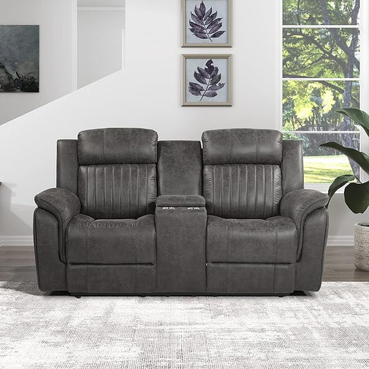 Lexicon 74 W Manual Double Reclining Loveseat with Center Console Polished Microfiber Recliner Loveseat Pillow Top Arms for Living Room Easy Assembly Brownish Gray