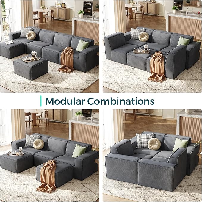 LINSY HOME Modular Sectional Sofa Ottoman Boneless Sofa Comfy Corduroy Sectional Cloud Couch Ottoman for Living Room No Assembly Required Bluish Grey