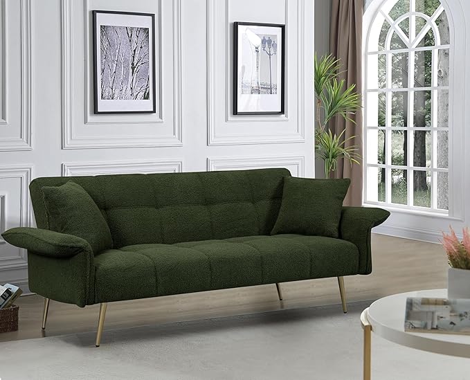 Convertible Sofa Bed Futon Couch Bed with Adjustable Arms and Backrest Modern Love Sofa with Gold Metal Legs for Living Room Bedroom (Teddy Fabric in Green 70.1 Wx31.1 Dx31.5 H)