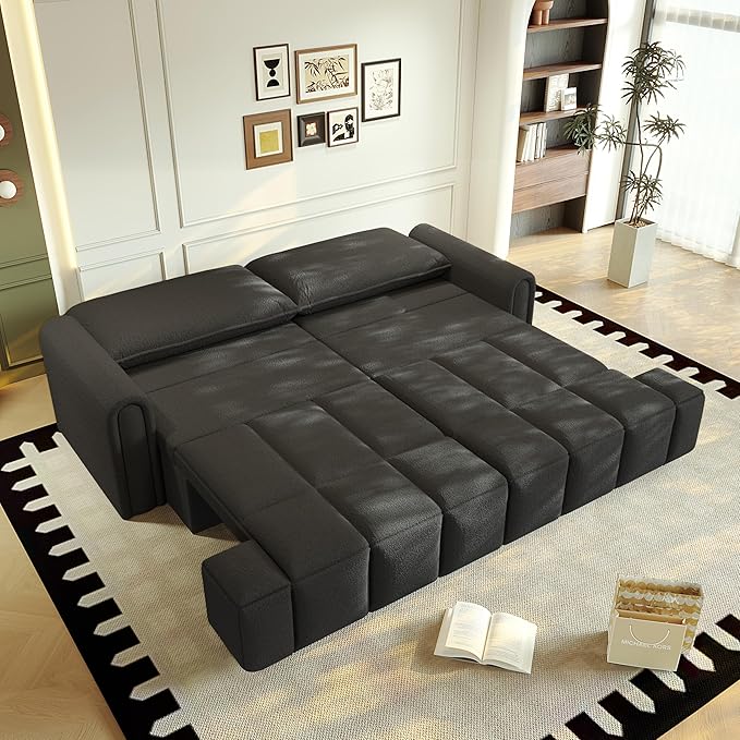 90.2 Futon Sofa Bed King 3-in-1 Teddy Convertible L-Shaped Sofa Upholstered Loveseat Couches Pull Out Couch Bed Small Spaces Deep Seat Storage for Living Room Apartment Black