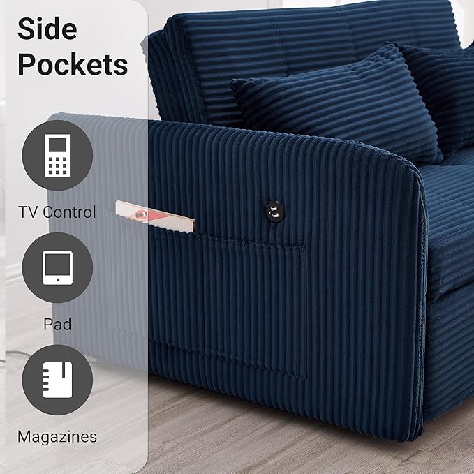 55.5 Corduroy Convertible Sofa Bed Pull Out Sleeper Sofa Bed Loveseat Couch with USB Charging Ports 3 in 1 Convertible Sleeper Sofa Bed for Living Room Apartment Bedroom RV Blue