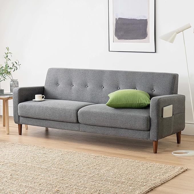 Mellow Adair Mid-Century Modern Sofa Couch with Armrest Pockets Tufted Linen Fabric Dark Heather Grey