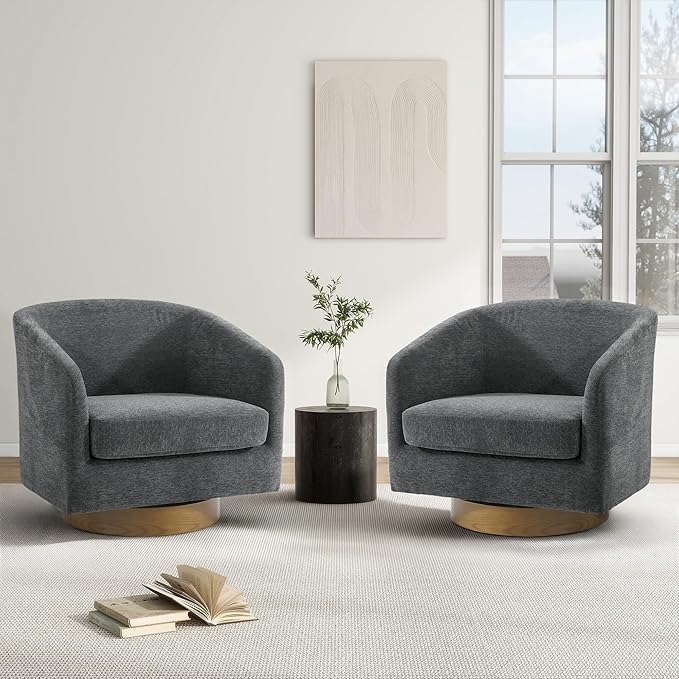 Swivel Barrel Chair Modern Round PU Leather Accent Armchair for Living Room Bedroom Oversized Comfy Club Reading Chairs for Adults (Chenille Grey Set of 2)