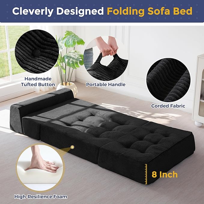 MAXYOYO 8 Folding Sofa Bed Convertible Sleeper Sofa Lounger Foldable Mattress Wedge Shape Floor Couch Tufted Fold Out Chair Bed Comfy Floor Couch Lounge for Living Room Bedroom Single Black
