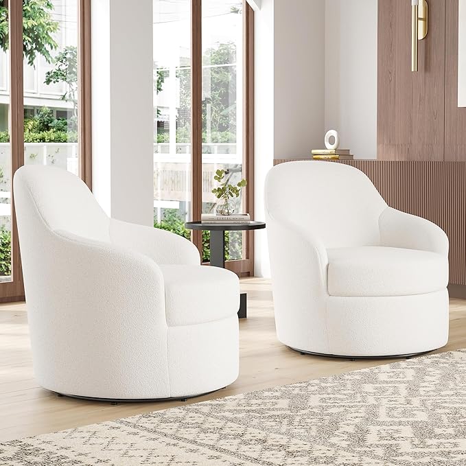 Swivel Accent Chairs Set of 2 Upholstered Barrel Chairs with Washable Detachable Cover Living Room Chairs with Solid Mental Base Round Chairs for Living Room Bedroom Teddy (White)