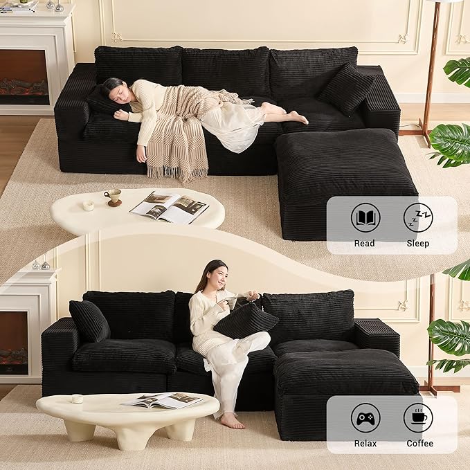 106.3” Sectional Couches for Living Room Set of Cloud Couch Modular Sectional Sofa Convertible Sofas Bed Deep Seat Sofa L Shaped Cozy Sofa Furniture Set Corduroy Black