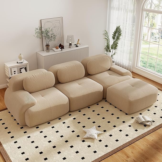 117.3” Modular Sectional Sofa Corduroy L Shape Boneless Couch with Ottoman Comfy 4 Seater Cloud Sofa Sectional Deep Seat Modern Upholstered Couches for Living Room No Assembly Required