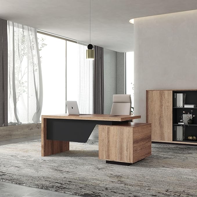 Modern Executive Desk Rectangle Office Desk with Storage Cabinet Width Adjustable Standing Desks Stand Under Table Storage Organizer Wood