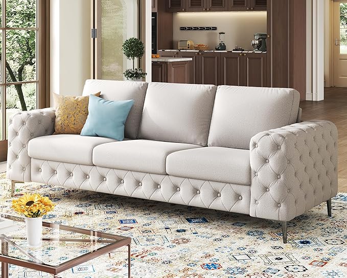 VanAcc Modern Sofa 92 inch 3 Seater Sofa with Stylish Thick Armrest Upholstered Button Tufted Couch for Living Room Apartment Linen Beige Oversized Couch